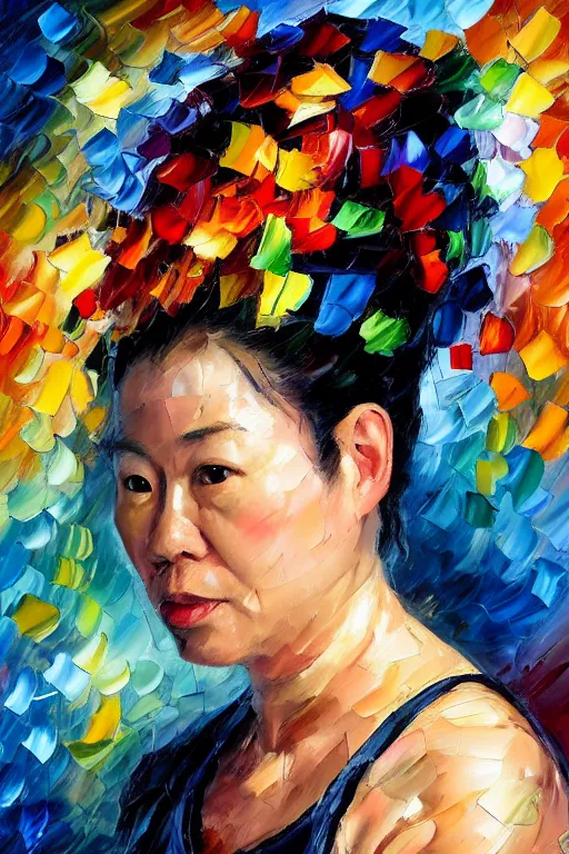 Prompt: palette knife oil painting portrait of police psychiatrist tracy wong, extreme detail, style by leonid afremov and degas, artstation trending, artgerm, deviant art, octane, substance, art history 8 k