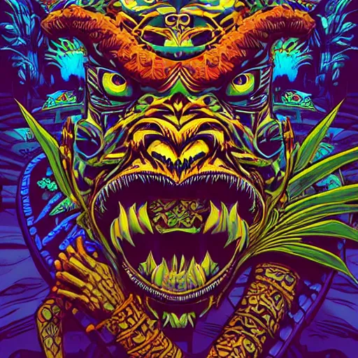 Prompt: barong family member at pool party, wiwek, mara demon, one single tribe member, jungle, one single mask, dark, ancient warrior, gorilla, lizard, tribal, inner glow, art by dan mumford and justin gerard