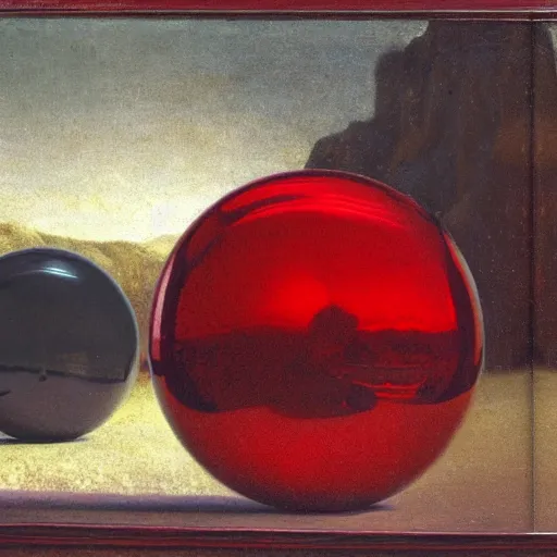 Prompt: chrome spheres on a red cube by john frederick kensett