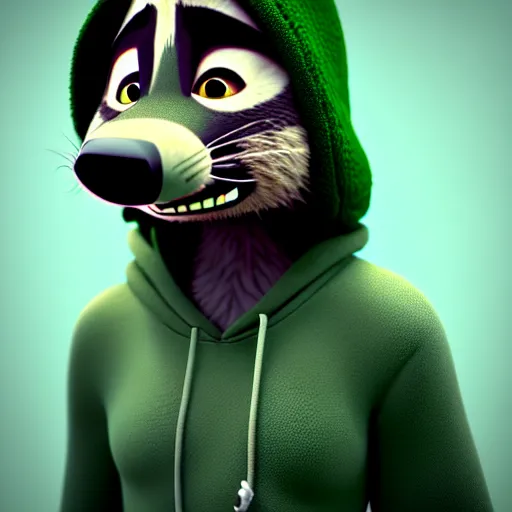 Image similar to a relaxed stoner with a black hoodie on with a marijuana themed dark green raccoon head from zootopia, wearing beanie, smoking, 3 d, blender 3 d, render, extremely detailed, 8 k, detailed fur