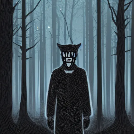 Prompt: hyper-detailed digital painting of a masked man in a dark forest