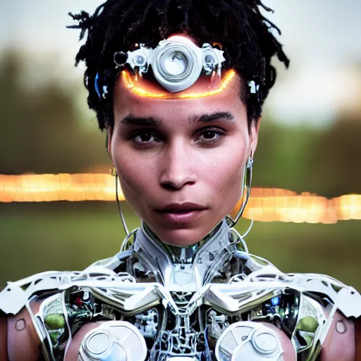 Image similar to beautiful Fine art photo of Zoe Kravitz as a solarpunk robotic goddess, white mechanical parts with led lights, photorealistic, centered, highly detailed and intricate, sun lighting, 8k