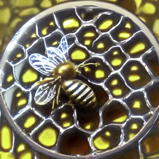 Image similar to honey bee made of metal, shiny, glowing