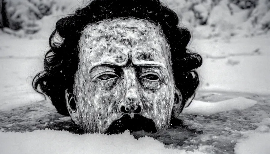 Image similar to 1 9 6 0 s movie still close up of marcus aurelius dirty face frozen to death under the snow on a river's shore with gravel, pine forests, cinestill 8 0 0 t 3 5 mm b & w, high quality, heavy grain, high detail, texture, dramatic light, anamorphic, hyperrealistic, detailed hair foggy