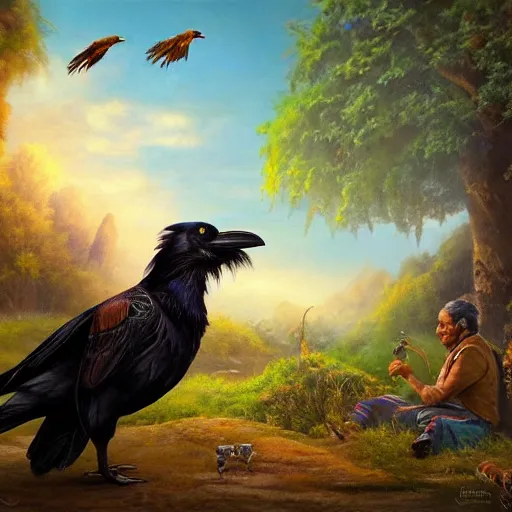 Image similar to n elderly indian don juan is sitting in a field with peyote and smoking a pipe, a raven walks next to him, beautiful fantasy detailed trending on artstation, oil painting, dramatic lighting, eterea, high quality print, fine art with subtle redshift rendering