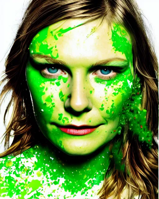 Image similar to photorealistic portrait headshot photos of kirsten dunst with bright green paint splattered across her face. photoshoot peter hurley, nyc headshot photographer, photorealistic