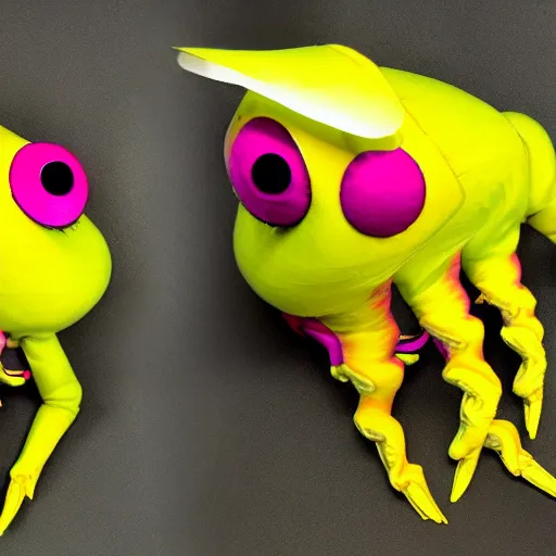 Prompt: a humanoid stop motion rosy maple moth squid hybrid puppet designed by tim burton