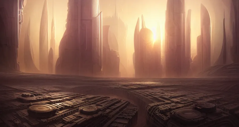 Image similar to cinematic shot, futuristic city on the mars made of tiered disks, utopian, digital painting, artstation, concept art, smooth, sharp focus, illustration, intricate, elegant, highly detailed, in the style of greg rutkowski and alphonse mucha and artemisia, 8 k, highly detailed, jurgens, rutkowski