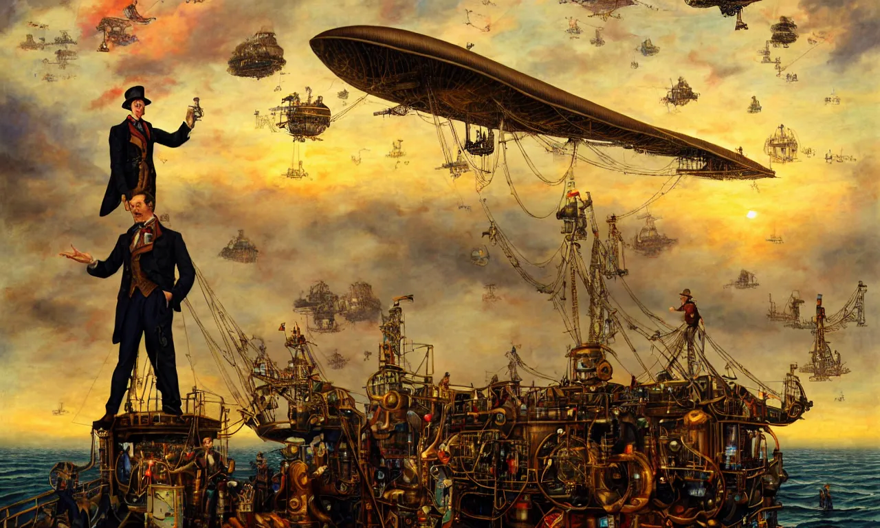 Image similar to close up of a gentleman navigator standing on deck of his steampunk zeppelin flying over a vast ocean of a very large language model, observing giant flying robot harvesters collecting data relations in the background, painted by josh kirby, ligne claire, very detailed and colorful, low light, sundown