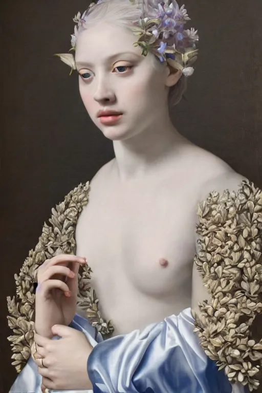 Prompt: hyperrealism close-up mythological portrait of a huge number of lily flowers merged with female, blue palette, pale skin, wearing silver silk robe, in style of classicism