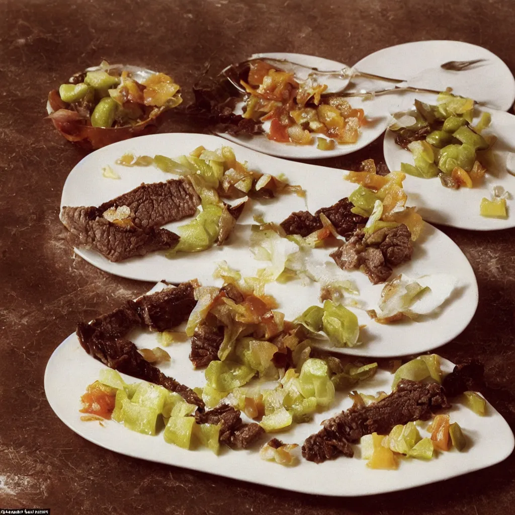 Prompt: a dreamy photo of a beef and pickle dessert, 1976