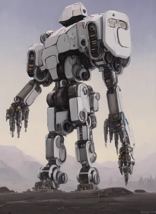 Image similar to an intricate oil painting of a giant pristine white mechsuit mecha mech with rounded components and tarpaulin cloak by simon stalenhag, by ian mcque inspired by nier : automata, clean white lab background