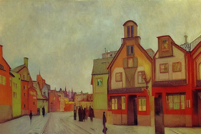 Prompt: unique shops, apartment towers, and cute townhouses along a city street, oil painting by edvard munch, stanislaw beksinski