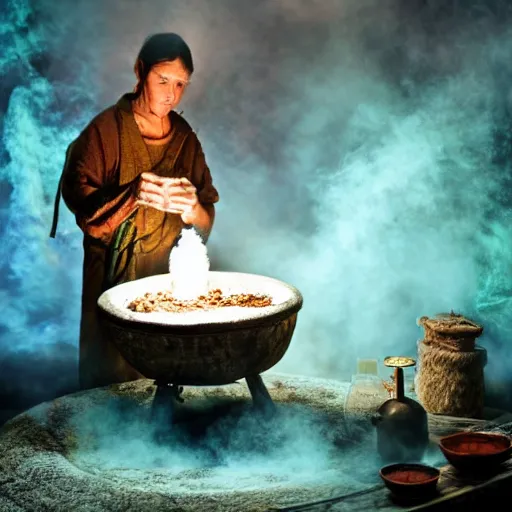 Image similar to a shaman preparing a magic decoction in a dreamy atmosphere, 4 k, 3 d, photo