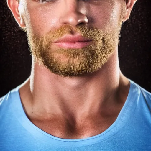 Prompt: photo of a close portrait of a handsome bodybuilder with blonde hair and blue eyes, studio lightning, 4 k, highly detailled