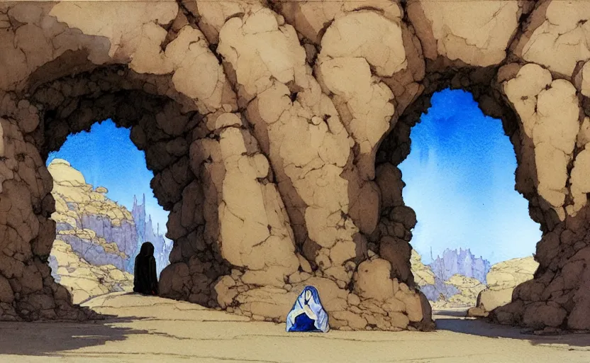 Prompt: a hyperrealist watercolour concept art of a large rock arch dimensional portal showing a clear blue sky. a medieval monk in grey robes is kneeling in prayer below it on a desert road at night. by rebecca guay, michael kaluta, charles vess and jean moebius giraud. high detail, hq, wide shot