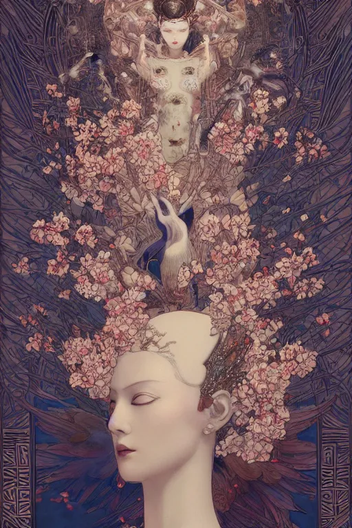 Prompt: portrait breathtaking detailed concept art painting art deco pattern of birds goddesses amalmation flowers head thibetan temple, by hsiao ron cheng, tetsuya ichida, bizarre compositions, yoji shinkawa, exquisite detail, extremely moody lighting, 8 k, art nouveau, old chines painting, art nouveau