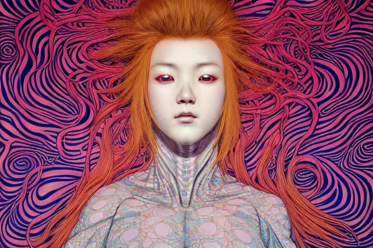 Image similar to realistic detailed image of a woman in a stray jacket laying in a padded room, conjuring psychedelic background, part by takato yamamoto, part by alex gray, ross tran, james jean, ultra realistic, octane render, highly detailed, very cohesive, 8 k, trending on artstation, cosmic, masterpiece