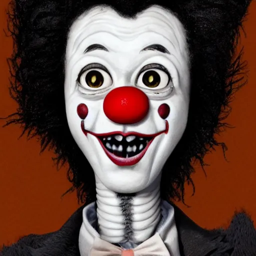 Image similar to A extremely highly detailed majestic hi-res beautiful, highly detailed head and shoulders portrait of a scary creepy black cartoon clown cat in eraserhead with scary big eyes, in the style of Walt Disney animation