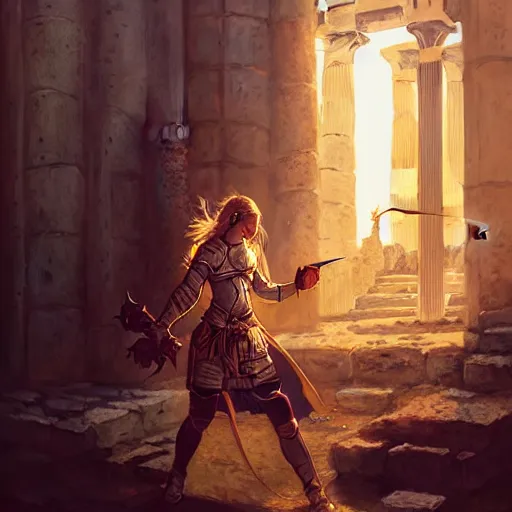 Prompt: An illustrationof a portrait of a Knights of Zodiac girl, fighting at ancinet Agora of Athens, ruins, Golden Light, illustration, art by WLOP, NIXEU and greg rutkowski, volumetric light, lightrays, smoke, cinematic, intricate, hypermaximalist, super detailed