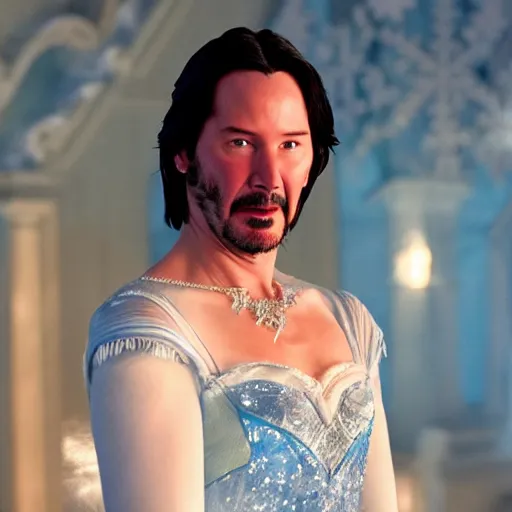 Image similar to keanu Reeves as elsa in live action disney frozen, 56k resolution, full HD, cinematic lighting, award winning, anatomically incorrect