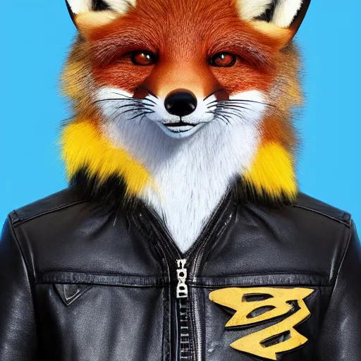 Image similar to realistic photograph of an anthropomorphic fox wearing a black leather jacket, yellow T-shirt and blue jeans, 4k detailed fur