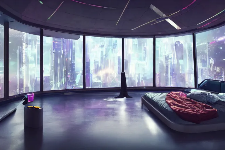 Image similar to a futuristic bedroom with large curved ceiling high windows looking out to a far future cyberpunk cityscape, cyberpunk neon lights, raining, scifi