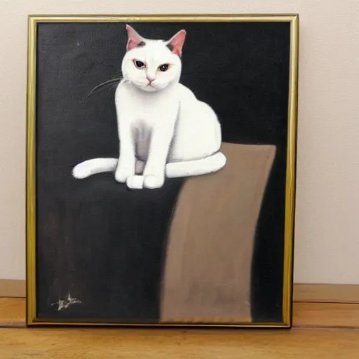 Prompt: a black and white cat sitting on a chair portrait oil painting