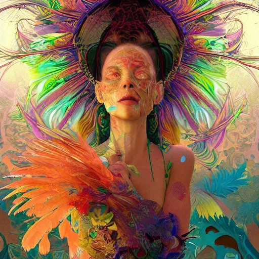 Image similar to A reality bending psychedelic ayahuasca experience, colorful, distorted, surreal, tropical bird feathers, dramatic lighting on the face, intricate, elegant, highly detailed, digital painting, concept art, smooth, sharp focus, illustration, art by Krenz Cushart and Wayne Barlowe and alphonse mucha