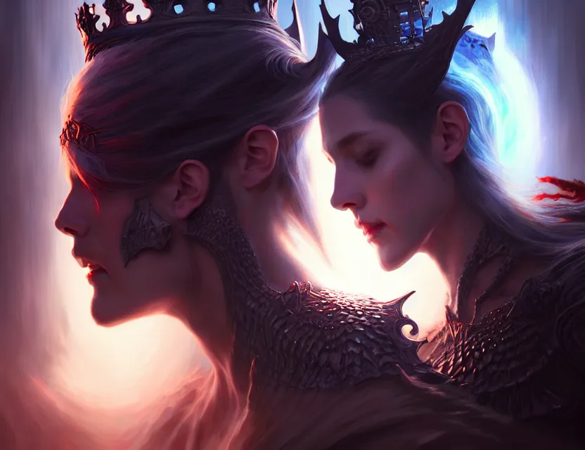 Image similar to the king of light faces the queen of darkness, a beautiful digital painting by wlop, volumetric light, intricate details, ultrarealistic, by art germ, by gerald brom, fantasypunk, deep colors, amazing d & d art, trending cgsociety, artstation, sharp, amazing wallpaper