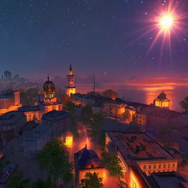 Image similar to lviv island night, 8 k ultra realistic, lens flare, atmosphere, glow, detailed, intricate, full of colour, led lighting, 4 k, hyperrealistic, focused, extreme details, unreal engine 5, masterpiece