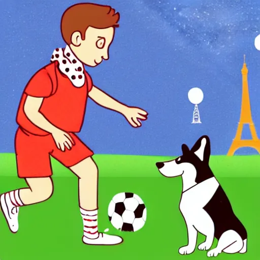 Image similar to illustration of french boy playing football with a corgi wearing a polka dot scarf in paris