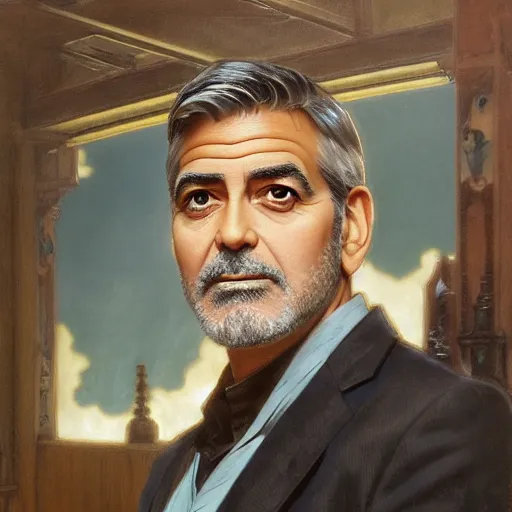 Prompt: George Clooney, highly detailed, digital painting, artstation, concept art, smooth, sharp focus, illustration, ArtStation, art by artgerm and greg rutkowski and alphonse mucha and J. C. Leyendecker and Edmund Blair Leighton and Katsuhiro Otomo and Geof Darrow and Phil hale and Ashley wood and Ilya repin and Charlie Bowater