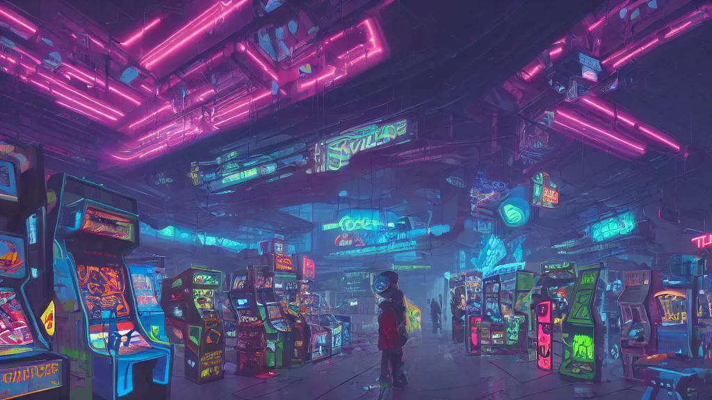 Prompt: digital painting of a cyberpunk arcade, by simon stålenhag, trending on artstation