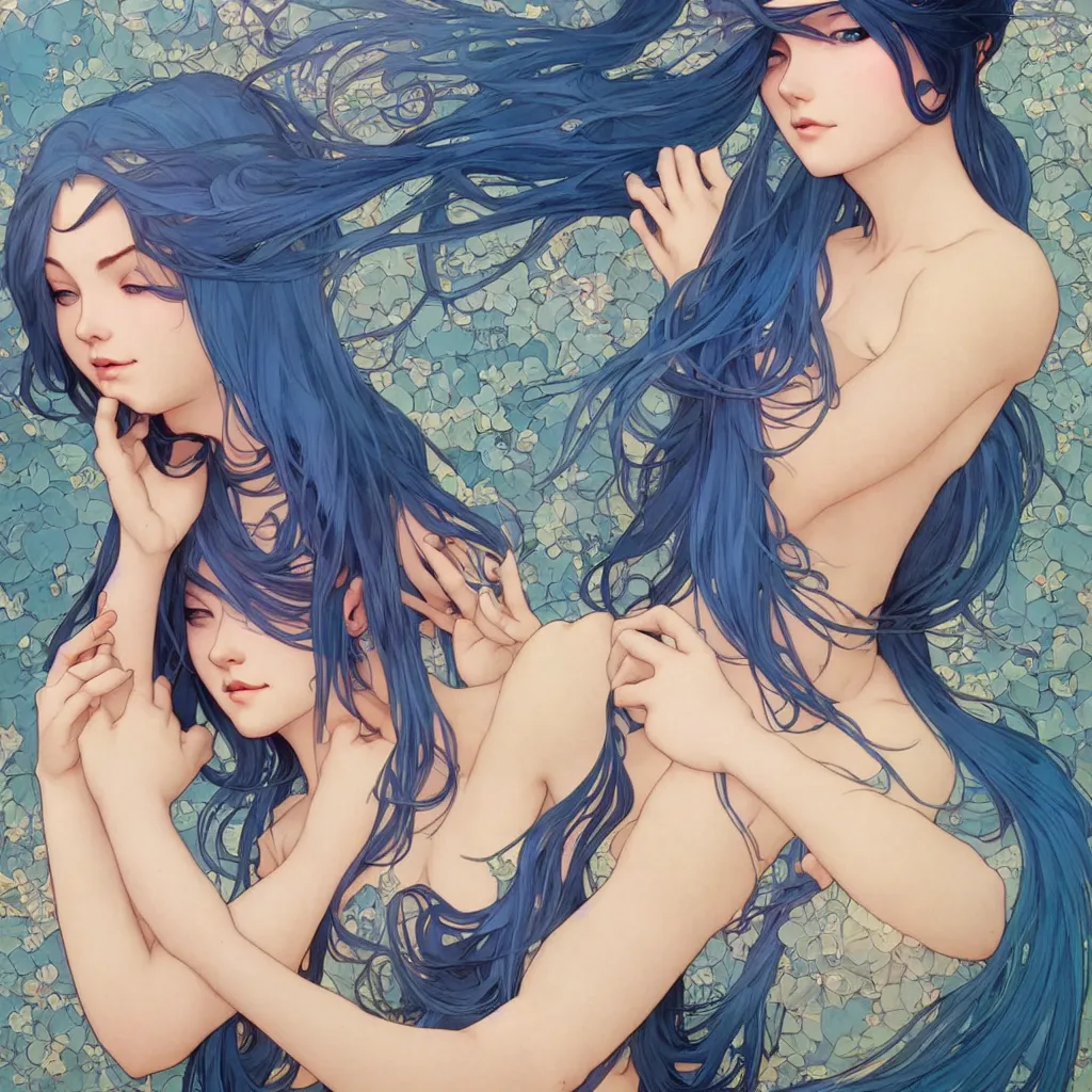 Prompt: One beautiful goddess with blue hair, highly detailed, digital painting, smooth, sharp focus, illustration, art by artgerm and alphonse mucha, high definition digital art, full body shot, in the style of Ross tran and ilya kuvshinov