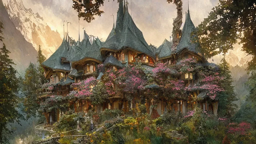 Prompt: a beautiful painting of art nouveau swiss chalet elven rivendell at sunrise, intricate, elegant, highly detailed, digital painting, artstation, concept art, by krenz cushart and artem demura and alphonse mucha