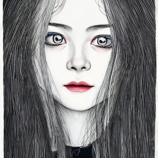 Image similar to professional painting of Elle Fanning in the style of Junji Ito’s Tomie, head and shoulders portrait, symmetrical facial features, smooth, sharp focus, illustration, intricate, stormy weather, extremely detailed masterpiece,