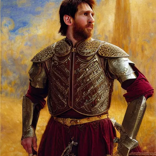 Image similar to attractive lionel messi as attractive king arthur pendragon, natural lighting, high quality, very detailed painting, by gaston bussiere, donato giancola, j. c. leyendecker