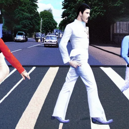 Image similar to freddy mercury crossing abbey road realistic photo