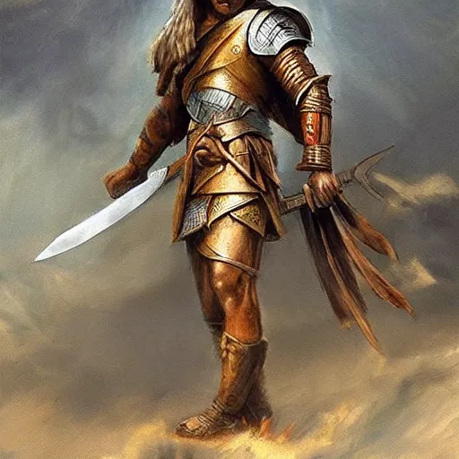 Prompt: an ancient warrior from atlantis wielding a curved sword and a shield, realistic painting, epic