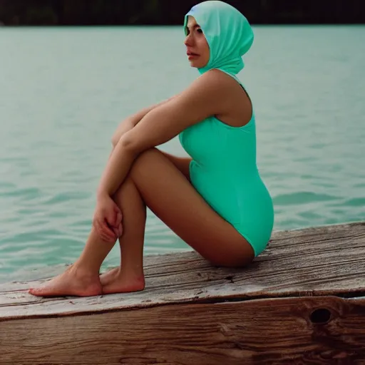 Image similar to a film photography of a woman slender, wearing a mint green one-piece swimsuit, wearing a white shower cap, sitting on a wood dock, low angle 50mm medium shot, Kodak Portra film 800, Leica M6 film camera, light film grain, Lying on back, perpendicular to the camera