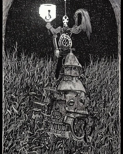 Prompt: an illustration of a haunted anamatronic, full body, standing in a field, castle in the background, pen-and-ink illustration, etching, by Russ Nicholson, DAvid A Trampier, larry elmore, 1981, HQ scan, intricate details