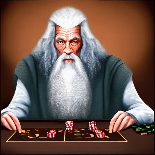 Image similar to gandalf playing poker, casino, highly detailed, digital art