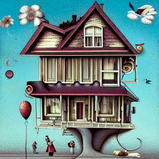 Prompt: anamorphic birds walking past a house, lowbrow surrealistic, in the style of Mark Ryden,