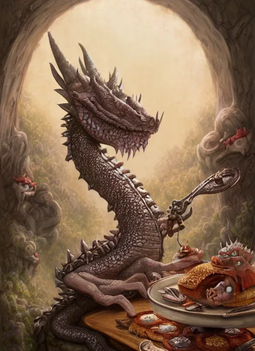 Image similar to highly detailed closeup portrait of a fairytale dragon eating cakes, unreal engine, nicoletta ceccoli, mark ryden, earl norem, lostfish, hyung tae, frank frazetta, global illumination, detailed and intricate environment