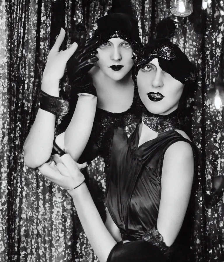 Image similar to shot of a 1 9 2 0 s short - haired flapper woman in black satin gloves looking at the camera, at a party in a dimly lit speakeasy bar, jazz age, precise, wide shot, cohesive, art deco, cinematic, low - lighting, photography