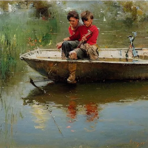 Prompt: painting of dad and son thinking together in boot on a calm lake, by pino daeni