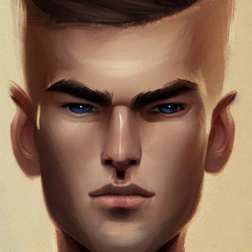 Prompt: man in his twenties with brown blond short quiff hair and thin slightly round facial structure with cleft chin, bumpy nose, good definition of cheekbones, Alert brown eyes, narrow face, slim body, atmospheric lighting, painted, intricate, 4k, highly detailed by Charlie Bowater