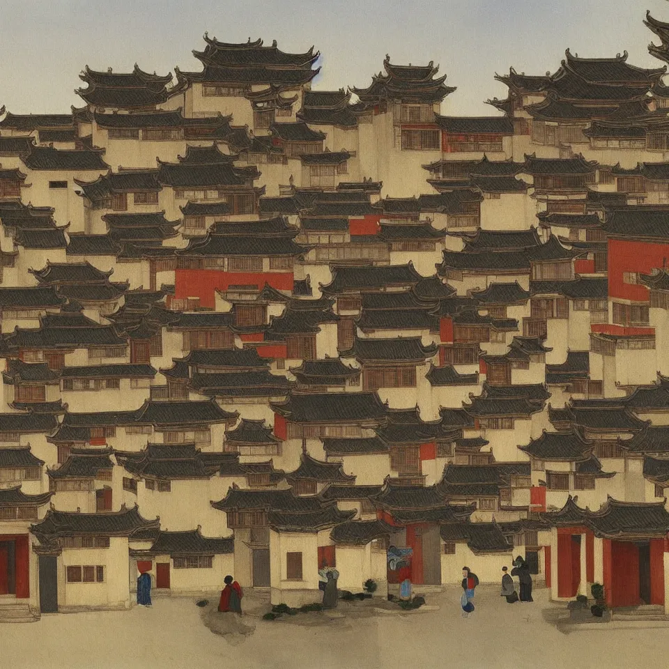 Image similar to a painting of hongcun ancient village houses by edward hopper