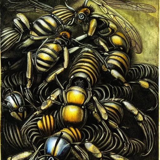 Prompt: bumblebees attacking sleeping people in hell, art by bosch and h. r. giger, highly detailed, masterpiece